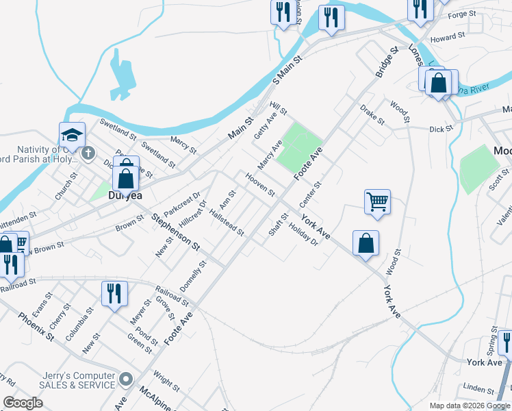 map of restaurants, bars, coffee shops, grocery stores, and more near 700-706 Donnelly St in Duryea