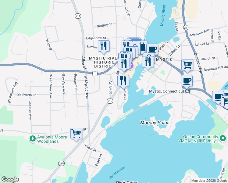 map of restaurants, bars, coffee shops, grocery stores, and more near 147 Noank Road in Groton