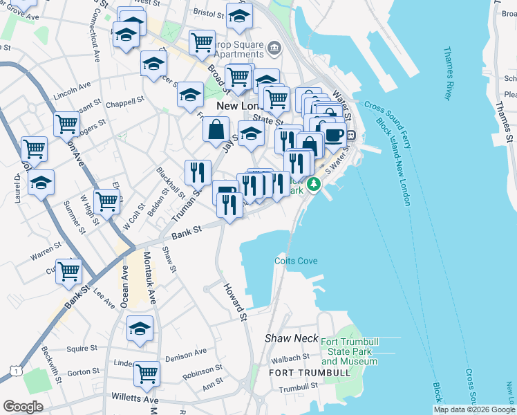 map of restaurants, bars, coffee shops, grocery stores, and more near 410 Bank Street in New London