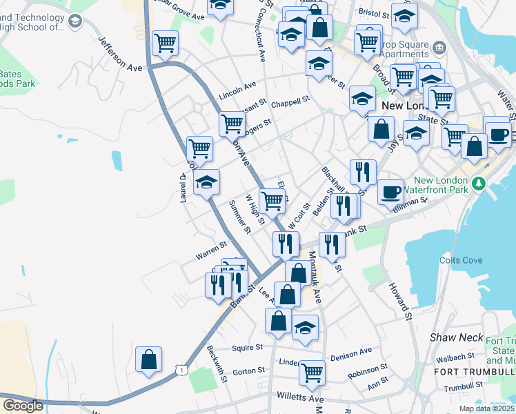 map of restaurants, bars, coffee shops, grocery stores, and more near 18 West High Street in New London