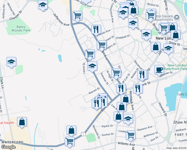map of restaurants, bars, coffee shops, grocery stores, and more near 86 Redden Avenue in New London