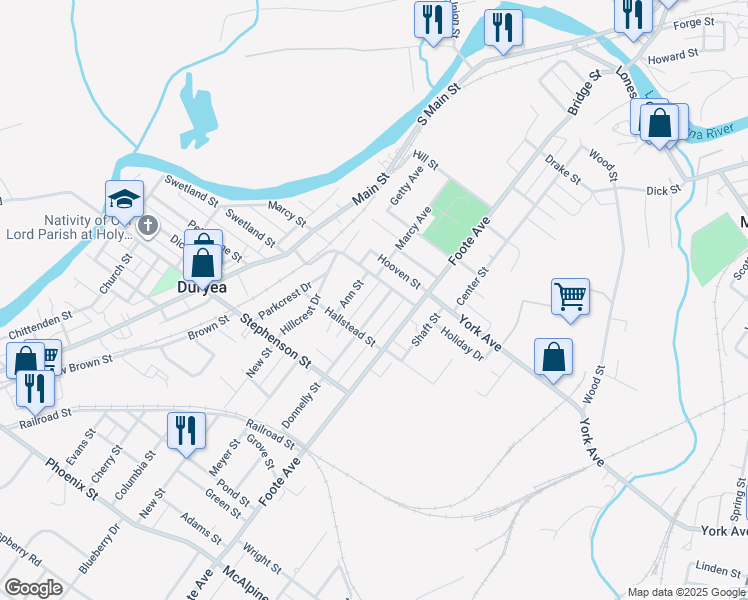 map of restaurants, bars, coffee shops, grocery stores, and more near 700-706 Donnelly St in Duryea