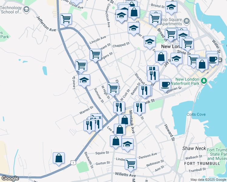 map of restaurants, bars, coffee shops, grocery stores, and more near 67 Jefferson Avenue in New London