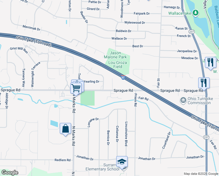 map of restaurants, bars, coffee shops, grocery stores, and more near 380 Sprague Road in Berea