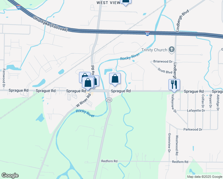 map of restaurants, bars, coffee shops, grocery stores, and more near 24355 Sprague Road in Columbia Station
