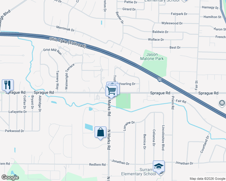 map of restaurants, bars, coffee shops, grocery stores, and more near 22707 Sprague Road in Strongsville