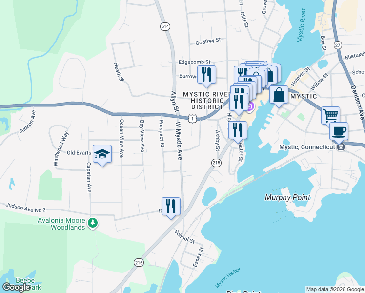 map of restaurants, bars, coffee shops, grocery stores, and more near 12 West Mystic Avenue in Groton