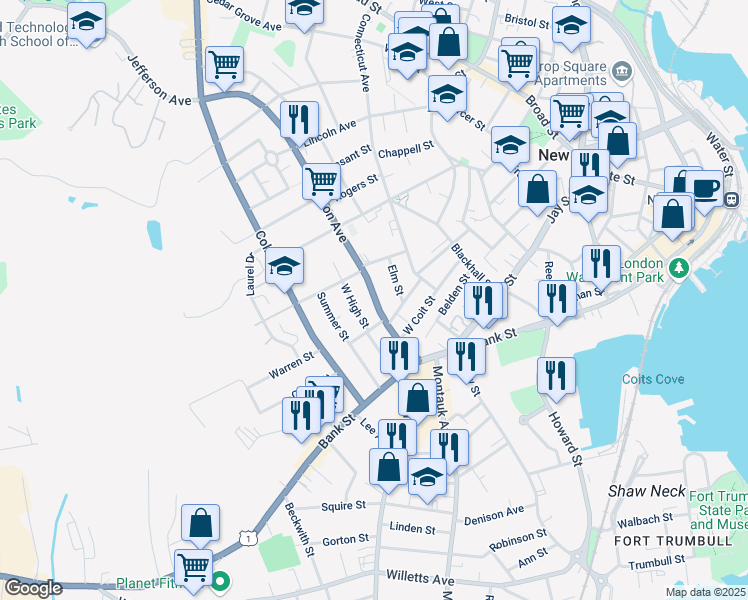 map of restaurants, bars, coffee shops, grocery stores, and more near 75 Jefferson Avenue in New London