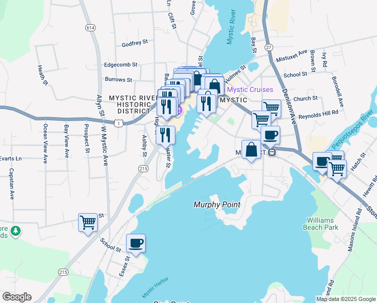 map of restaurants, bars, coffee shops, grocery stores, and more near 2 Washington Street in Stonington