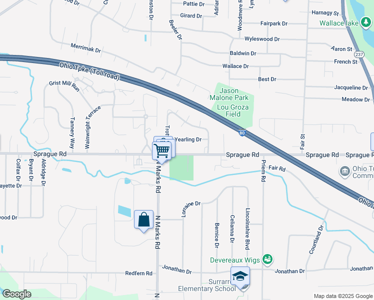 map of restaurants, bars, coffee shops, grocery stores, and more near 458 Sprague Road in Berea