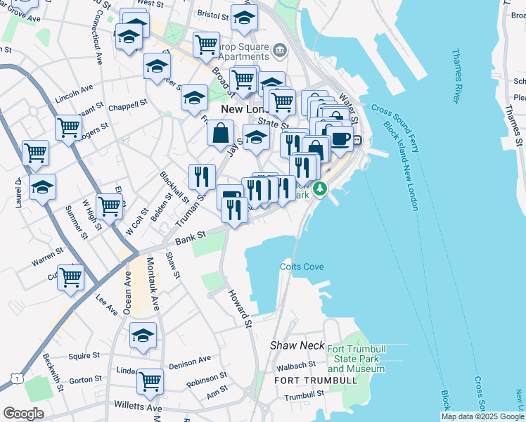 map of restaurants, bars, coffee shops, grocery stores, and more near 410 Bank Street in New London