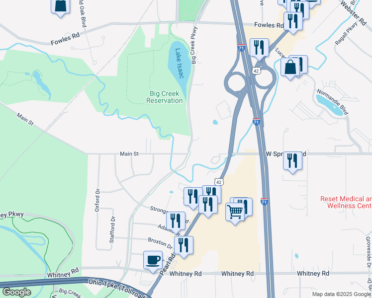 map of restaurants, bars, coffee shops, grocery stores, and more near 7838 Big Creek Trail in Middleburg Heights