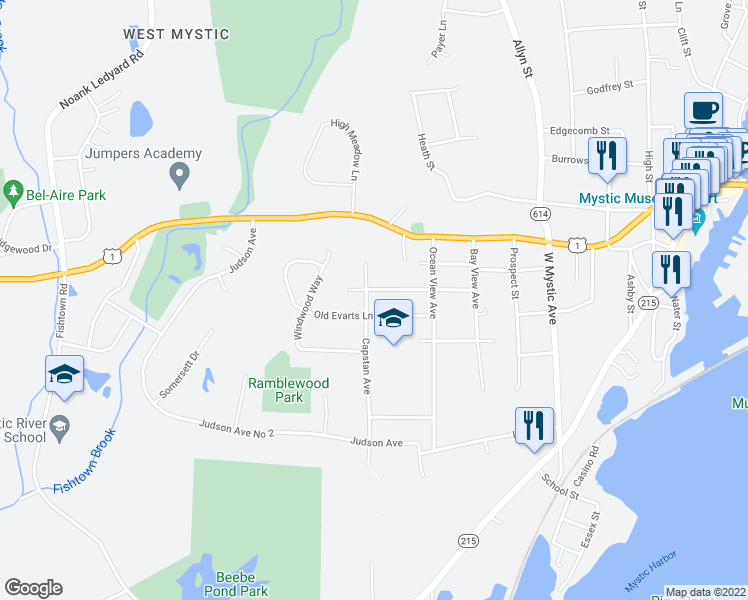 map of restaurants, bars, coffee shops, grocery stores, and more near 96 Capstan Avenue in Groton
