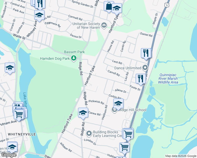 map of restaurants, bars, coffee shops, grocery stores, and more near 105 Robinwood Road in Hamden