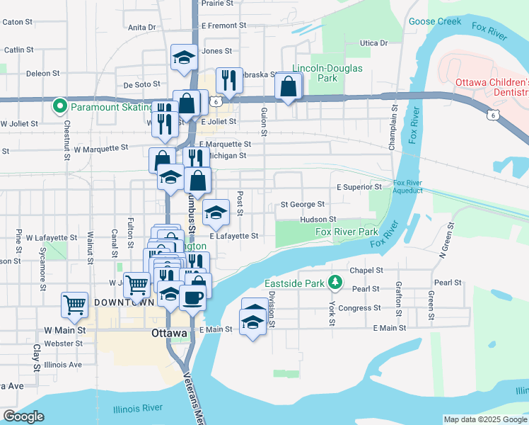 map of restaurants, bars, coffee shops, grocery stores, and more near 400 East Washington Street in Ottawa