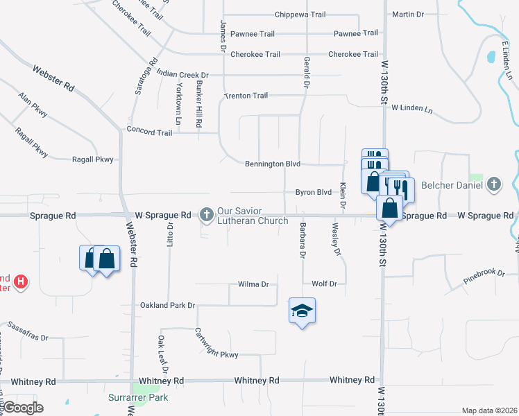 map of restaurants, bars, coffee shops, grocery stores, and more near 13721 Sprague Road in Strongsville