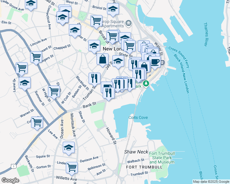 map of restaurants, bars, coffee shops, grocery stores, and more near 410 Bank Street in New London