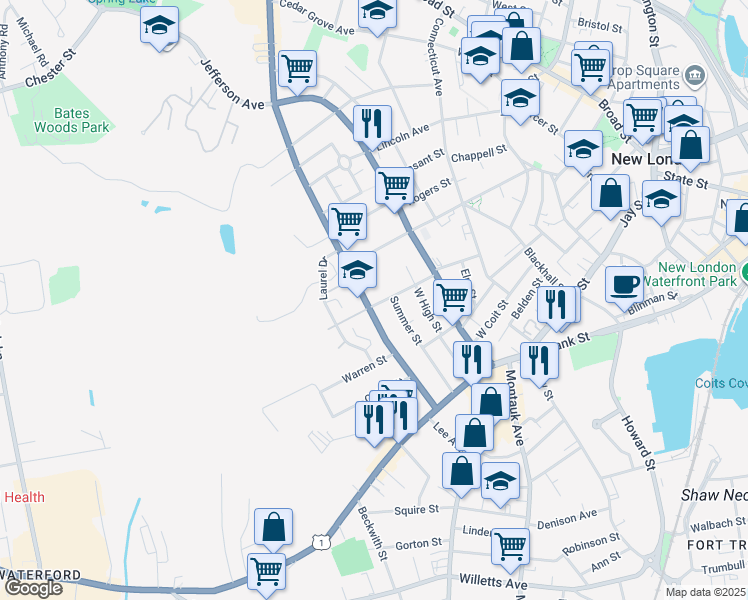 map of restaurants, bars, coffee shops, grocery stores, and more near 95 Colman Street in New London