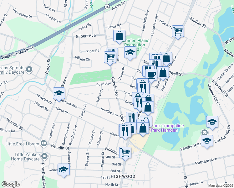 map of restaurants, bars, coffee shops, grocery stores, and more near 12 Wilbert Street in Hamden