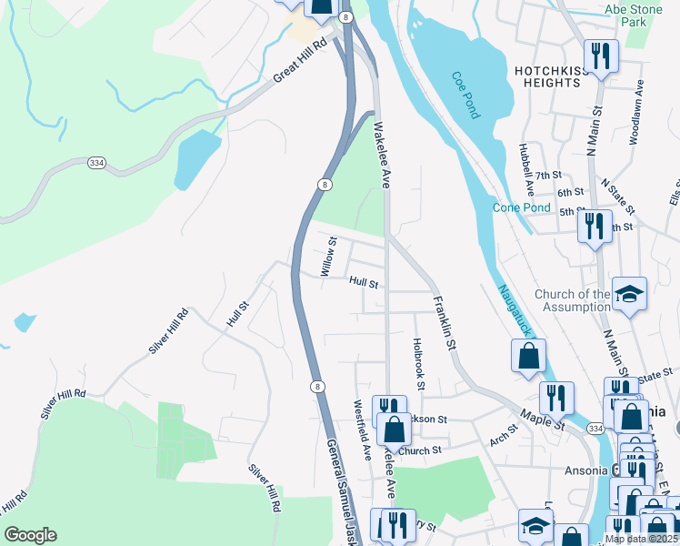 map of restaurants, bars, coffee shops, grocery stores, and more near 29 Hull Street in Ansonia