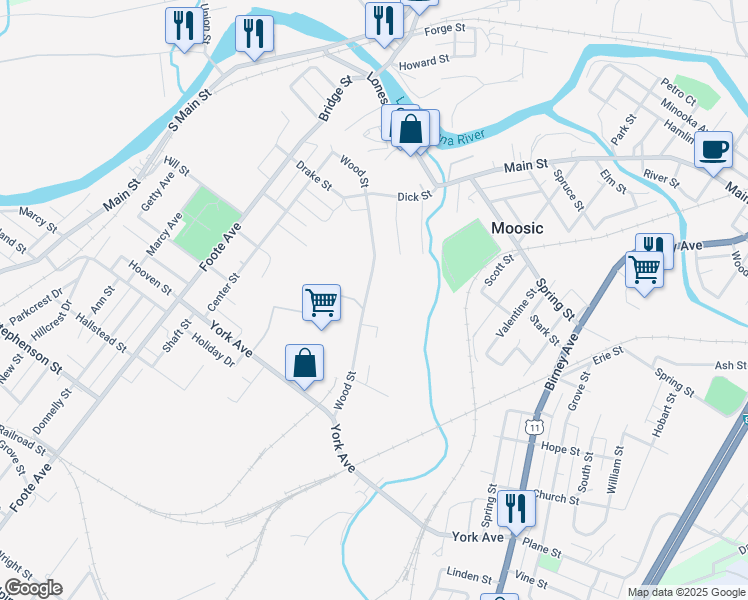 map of restaurants, bars, coffee shops, grocery stores, and more near 940 Wood St in Old Forge
