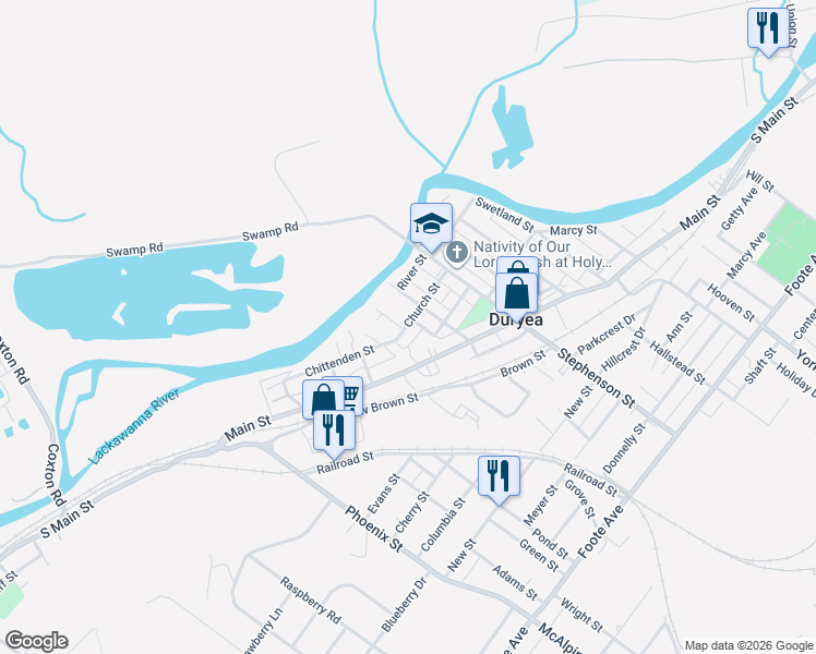 map of restaurants, bars, coffee shops, grocery stores, and more near 148 Short St in Duryea