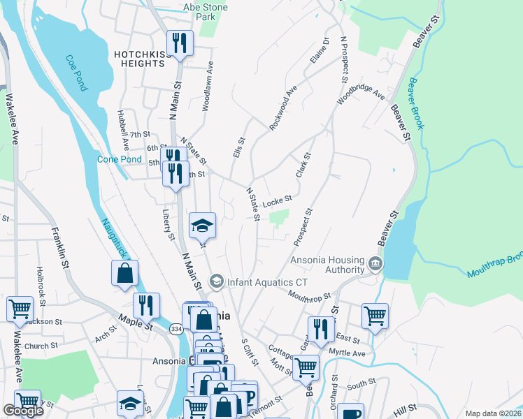 map of restaurants, bars, coffee shops, grocery stores, and more near 122 North State Street in Ansonia