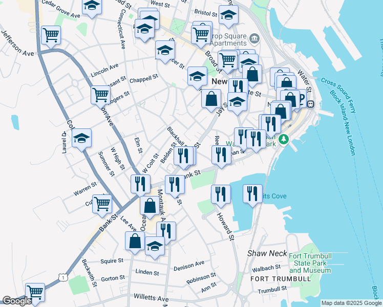 map of restaurants, bars, coffee shops, grocery stores, and more near Truman Street in New London