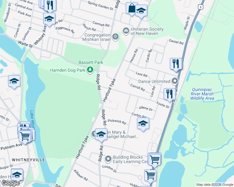 map of restaurants, bars, coffee shops, grocery stores, and more near 105 Robinwood Road in Hamden