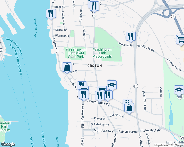 map of restaurants, bars, coffee shops, grocery stores, and more near 119 Allen Street in Groton