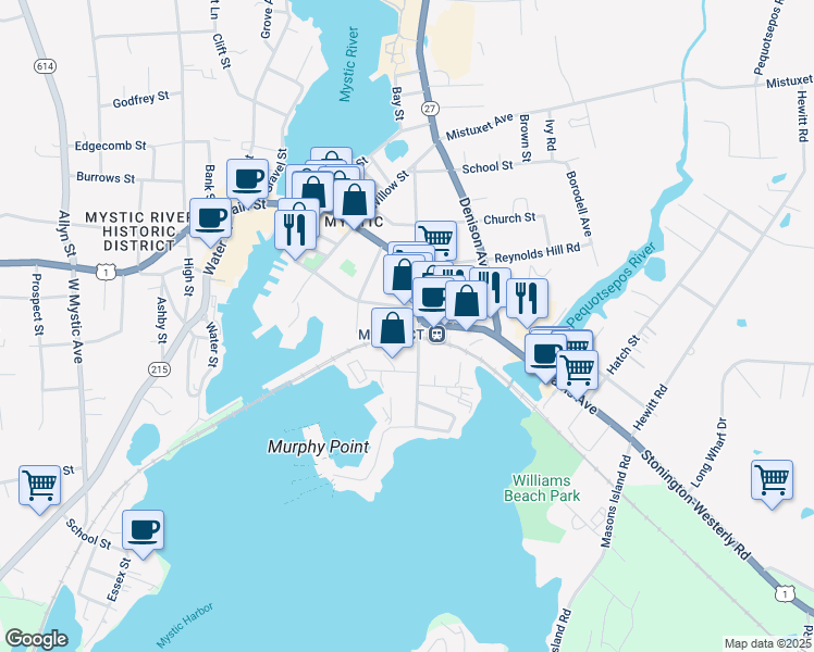 map of restaurants, bars, coffee shops, grocery stores, and more near 34 Broadway Avenue in Stonington