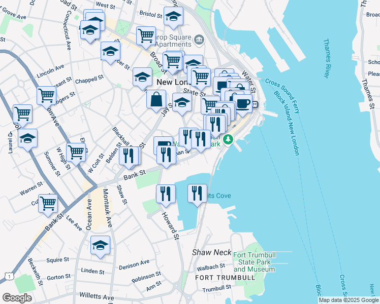 map of restaurants, bars, coffee shops, grocery stores, and more near 11 Blinman Street in New London