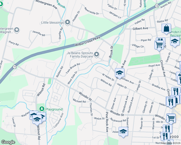 map of restaurants, bars, coffee shops, grocery stores, and more near 104 Wilmot Road in Hamden