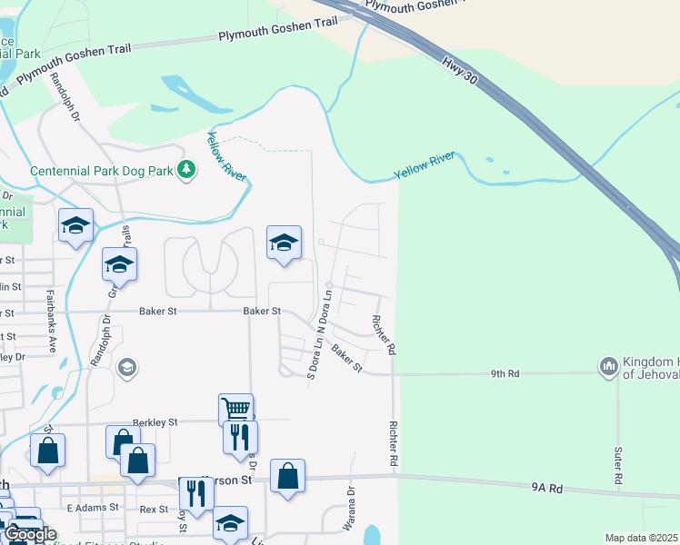 map of restaurants, bars, coffee shops, grocery stores, and more near 1280 North Dora Lane in Plymouth