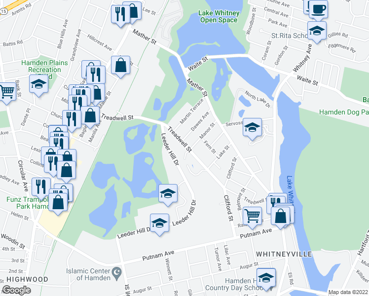 map of restaurants, bars, coffee shops, grocery stores, and more near 230 Treadwell Street in Hamden