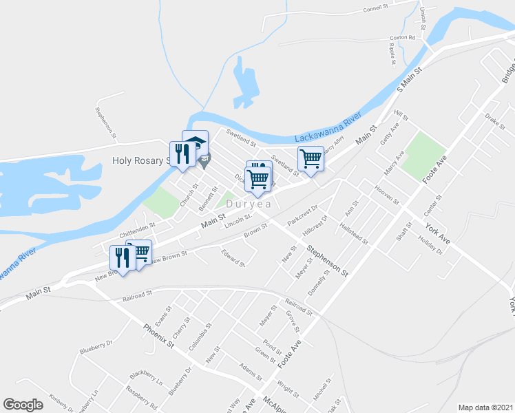 map of restaurants, bars, coffee shops, grocery stores, and more near 500 Main Street in Duryea