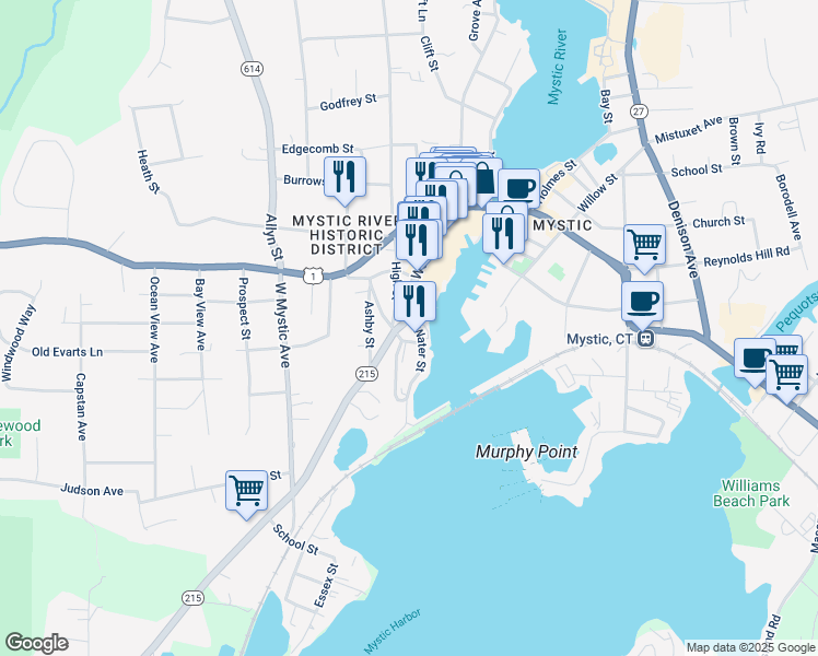 map of restaurants, bars, coffee shops, grocery stores, and more near 1 Noank Road in Groton