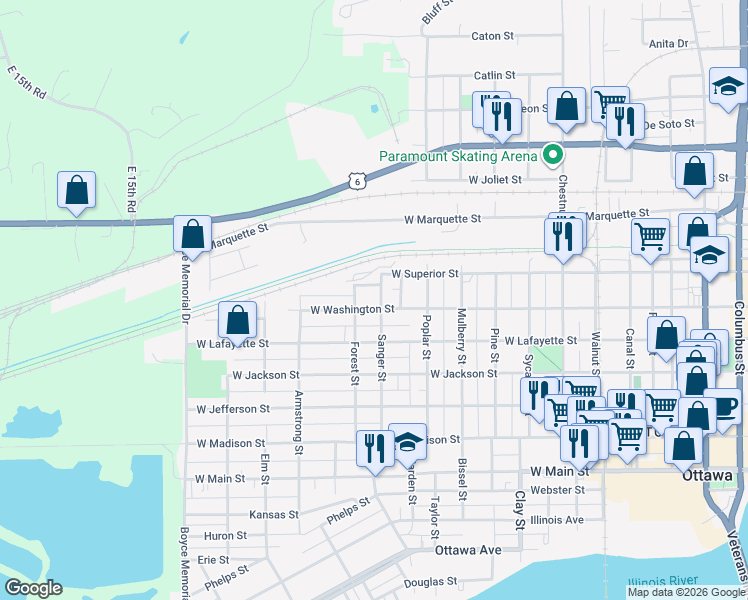 map of restaurants, bars, coffee shops, grocery stores, and more near 1203 West Washington Street in Ottawa