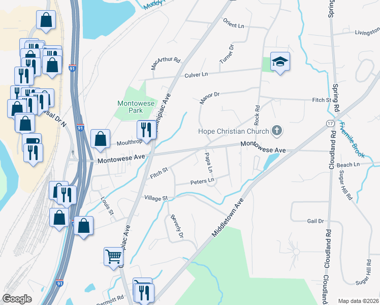 map of restaurants, bars, coffee shops, grocery stores, and more near 51 Fitch Street in North Haven