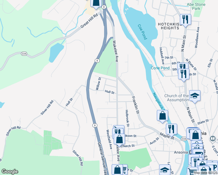 map of restaurants, bars, coffee shops, grocery stores, and more near 13 Scotland Street in Ansonia