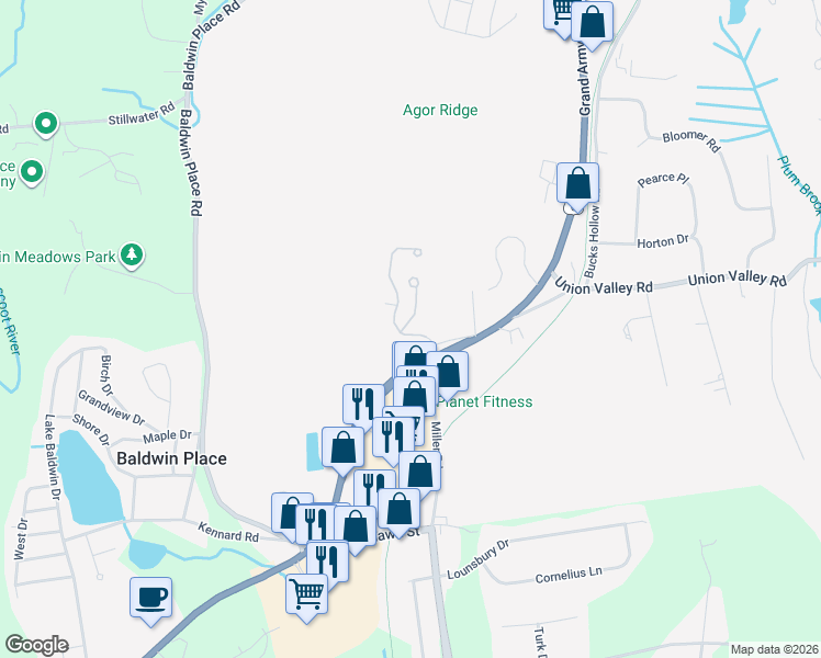 map of restaurants, bars, coffee shops, grocery stores, and more near 22 Penelope Court in Mahopac