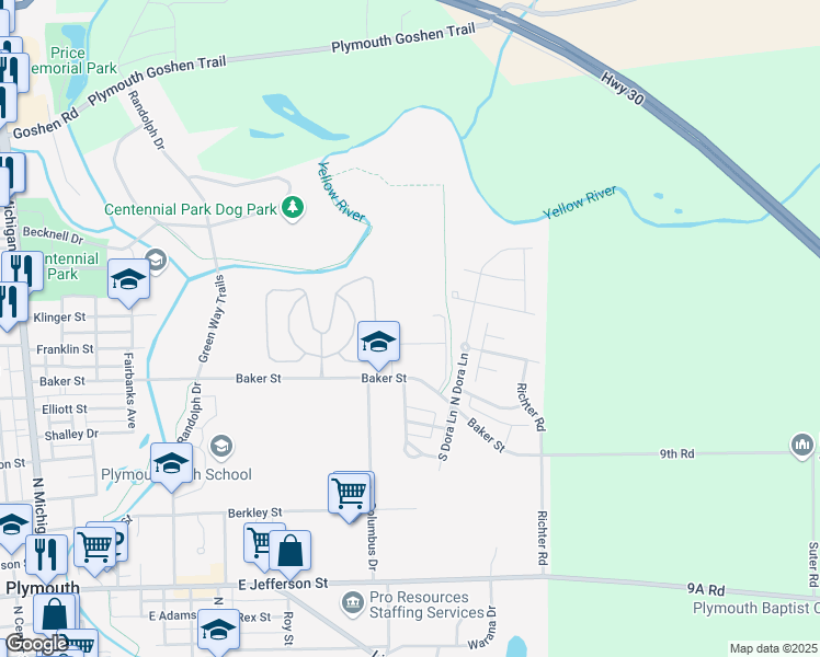 map of restaurants, bars, coffee shops, grocery stores, and more near 905 Baker Street in Plymouth