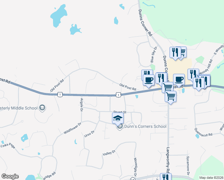 map of restaurants, bars, coffee shops, grocery stores, and more near 83 Old Post Road in Westerly