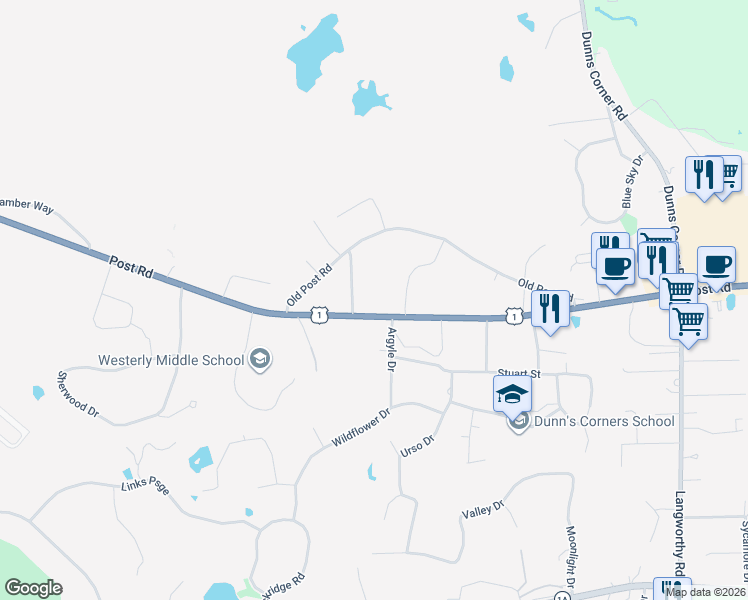 map of restaurants, bars, coffee shops, grocery stores, and more near 170 Post Road in Westerly
