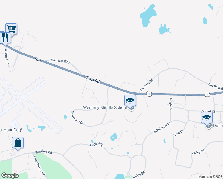 map of restaurants, bars, coffee shops, grocery stores, and more near 112 Post Road in Westerly