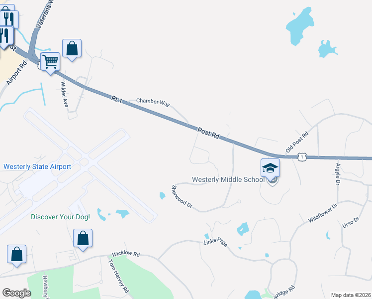 map of restaurants, bars, coffee shops, grocery stores, and more near 5 Andersen Court in Westerly