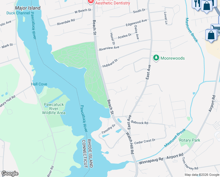 map of restaurants, bars, coffee shops, grocery stores, and more near 8 Mary Lou Avenue in Westerly