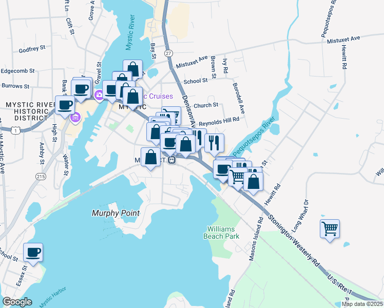 map of restaurants, bars, coffee shops, grocery stores, and more near 14 Connecticut 27 in Stonington