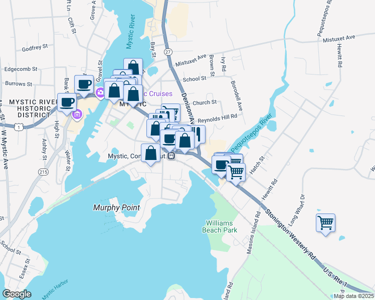 map of restaurants, bars, coffee shops, grocery stores, and more near 18 Lincoln Avenue in Stonington