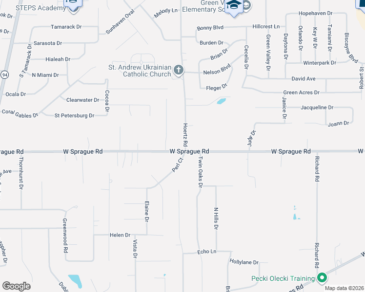 map of restaurants, bars, coffee shops, grocery stores, and more near 7875 Hoertz Road in Parma